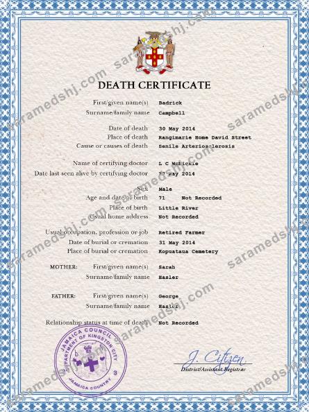 Jamaica death certificate PSD template